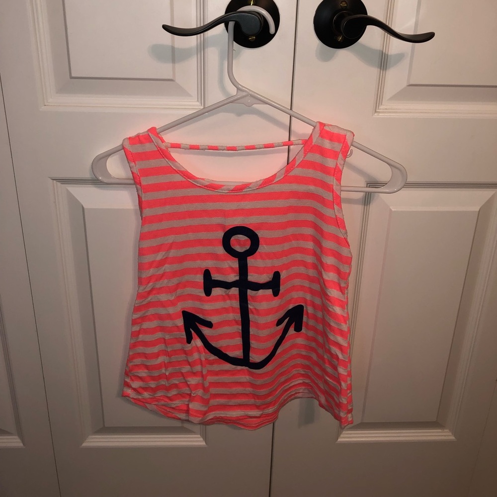 pink and white stripes. Anchor design on the front